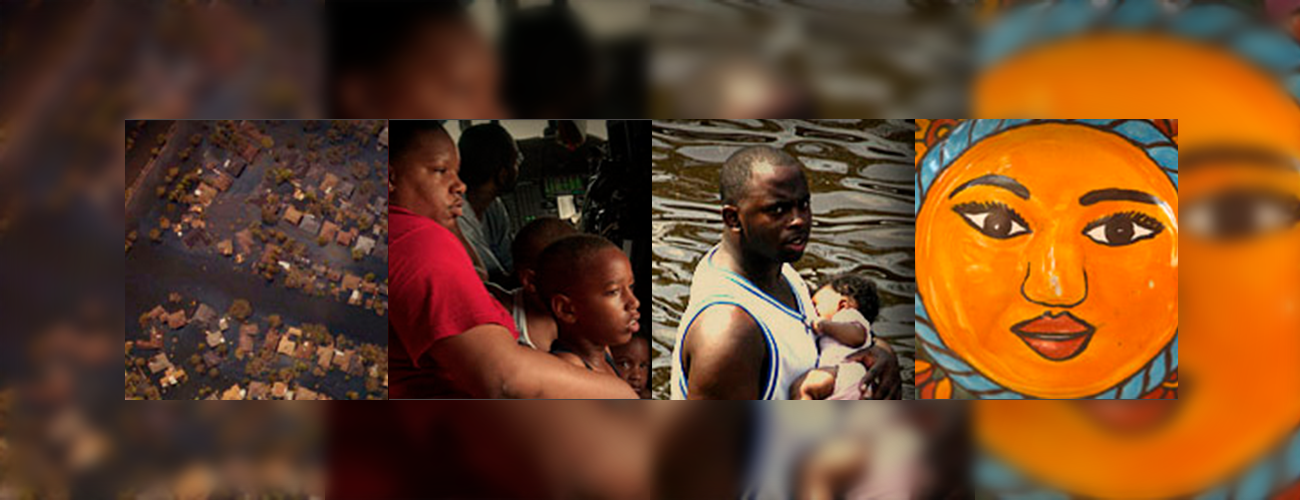 A collage featuring a flooded neighborhood, people seeking safety, a man holding a baby amid water, and a bright orange face painting.