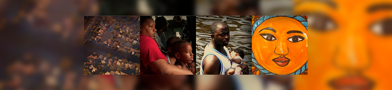 A collage featuring a flooded neighborhood, people seeking safety, a man holding a baby amid water, and a bright orange face painting.